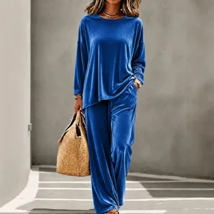 Velvet long sleeve top and wide leg pants set for women casual blue outfit main view