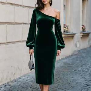 Dark green velvet one-shoulder long sleeve midi dress for women elegant party evening wear.