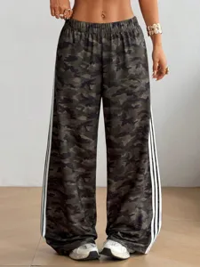 Women camouflage wide leg sweatpants casual elastic high waist side stripe long pants