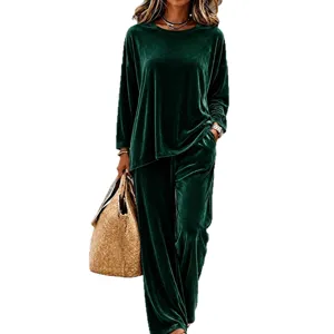 Women velvet long sleeve pullover top and wide leg pants loungewear set main view