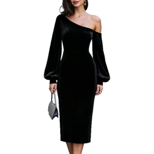Elegant black velvet one-shoulder long sleeve midi dress for women, perfect for autumn party.