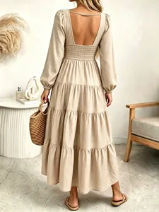 Long sleeve backless tiered maxi dress in beige for women elegant French style daily wear.