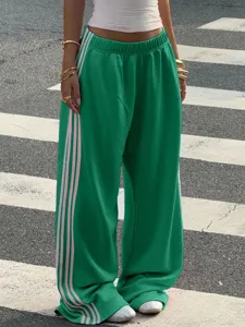Women's casual wide leg sweatpants green with pink stripes street style long trousers