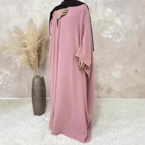 Casual solid color batwing sleeve long maxi dress Muslim abaya elegant women loose daily wear.