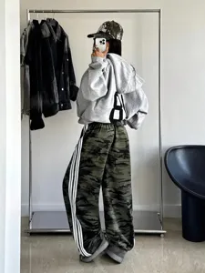 Women's casual camo wide-leg sweatpants featuring classic contrast side stripes and elastic waistband.