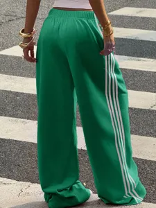 Women green wide leg track pants casual loose streetwear trousers with side stripes autumn fashion