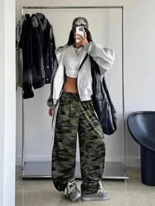 Women camouflage wide leg sweatpants casual elastic waist trousers with side stripes