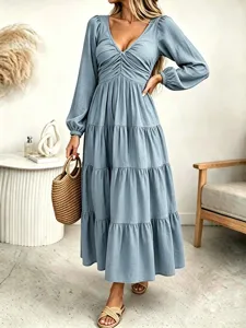 French style long sleeve V-neck tiered maxi dress, elegant casual A-line dress for women wear.
