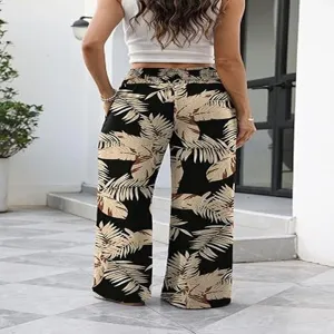 Women's high waist wide leg pants casual tropical leaf print long trousers pockets