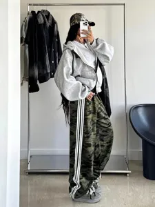 Women's camo wide leg sweatpants casual streetwear elastic waist side stripe long pants