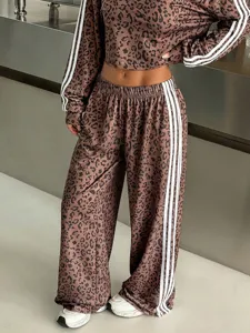Women Leopard Print Tracksuit Two Piece Set Casual Long Sleeve Crop Top Wide Leg Pants