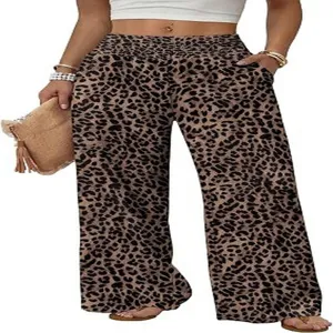 Leopard print high waist wide leg trousers detail showcasing relaxed fit and side pockets style