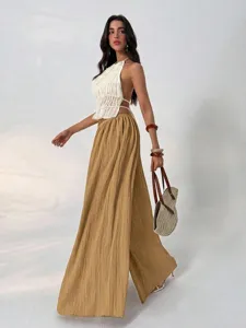 Women's French pleated halter top and high waist wide leg pants casual set detail view