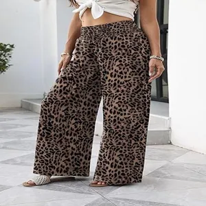 Women leopard print high waist wide leg pants casual trousers fashion long pants comfortable