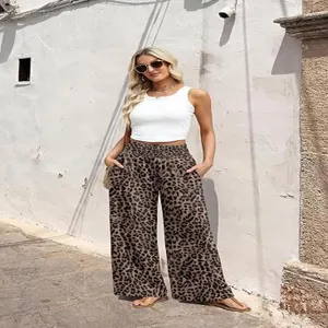 High-waisted leopard print wide leg pants casual trousers with pockets for women.