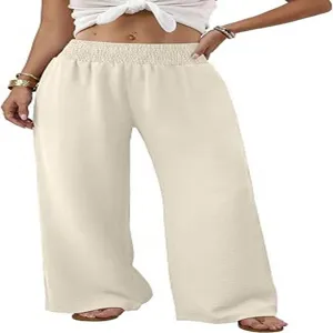 Women's high waist wide leg casual trousers solid color comfortable long pants style