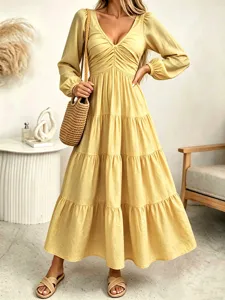 French style long sleeve tiered V-neck yellow maxi dress for women, elegant slim fit casual wear.