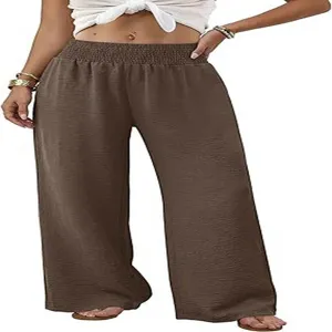 Detail view of women high-waisted wide-leg trousers, casual brown style for daily comfort wear.