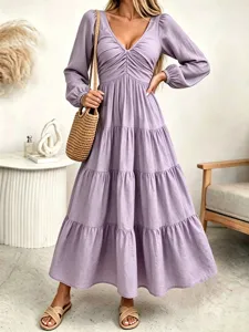 Women's Long Sleeve V-Neck Tiered Maxi Dress Elegant Casual A-Line Long Purple Dress