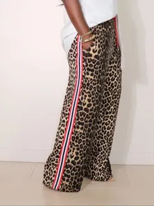 Leopard Print Wide Leg Pants Women Elastic Contrast Side Stripe Casual High Waist Sporty Sweatpants Plus Velvet Loose Trousers
