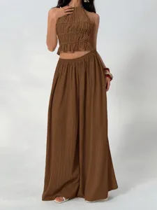 French style pleated halter crop top and high waist wide leg pants set for women.
