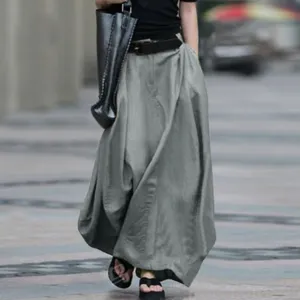 Grey maxi skirt for women, high waist loose A-line long skirt, elegant casual daily wear.
