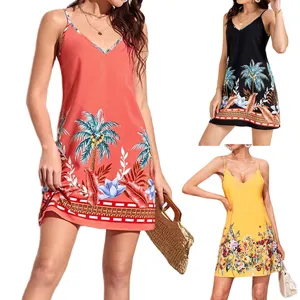 Robe Mini pour Femme Imprimé Tropical à Fines Bretelles Sexy Col en V Sans Manches Polyester Ligne A Été Vacances Plage