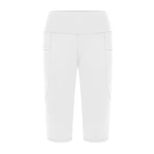 Detail view of white high-waist cropped yoga pants, featuring side pockets and stretchy fabric.