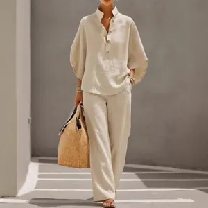 Women Casual Polyester Spandex Top And Bottom Lapel Button Blouse And Wide Leg Pants Urban Relaxed Loungewear Outfit