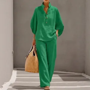 Green linen style casual long sleeve shirt and trousers two piece set for women.
