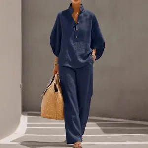 Womens casual two piece outfit long sleeve button down shirt and wide leg trousers set.