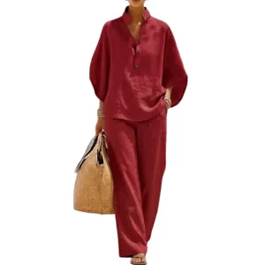 Women linen look two piece set button up stand collar shirt loose long pants outfit