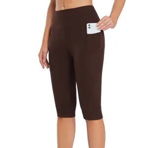 Women high waist yoga capri pants with side pocket brown athletic leggings detail view