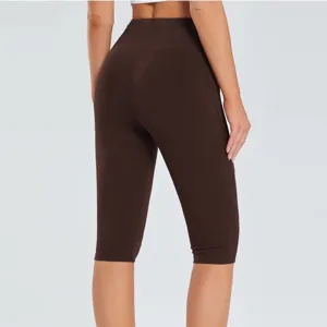 Women high waist brown yoga capri pants gym fitness workout activewear leggings slightly stretchy