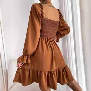 Chic elegant solid long sleeve square neck smocked ruffle hem mini dress in brown