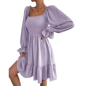 Women's French square neck long sleeve smocked ruffle hem lavender mini dress for summer