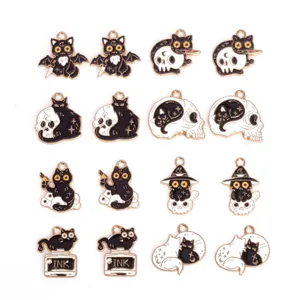 Halloween Black Cat Skull Alloy Drip Oil Pendants Charms DIY Bracelet Necklace Jewelry Accessories Gift