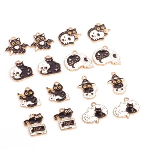 Halloween cartoon black cat and skull enamel charm pendants for DIY jewelry making