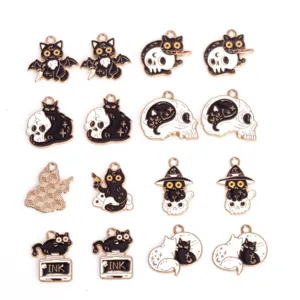 Halloween Cartoon Black Cat Skull Enamel Alloy Charms Pendants for DIY Jewelry Making