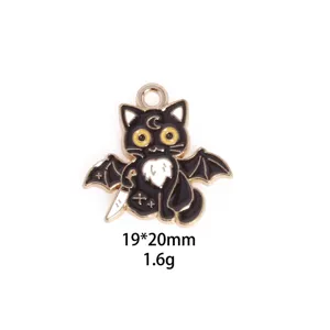 Close-up detail of Halloween cartoon black cat pendant showing exquisite enamel and alloy craft.