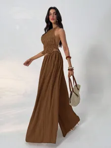 Detailed view of the stylish brown pleated halter top and wide-leg pants set.
