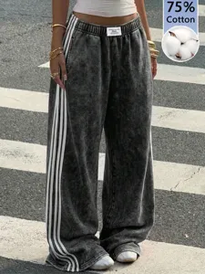Women's vintage washed grey wide leg sweatpants with side stripes casual loose trousers