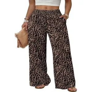 Women's High Waist Wide Leg Pants Smocked Elastic Waist Casual Loose Fit Bottom With Pockets Solid Leopard Print Long Trousers