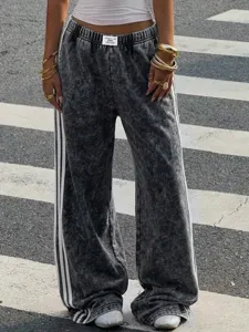 Women vintage acid wash wide leg track pants casual streetwear loose sweatpants with side stripes