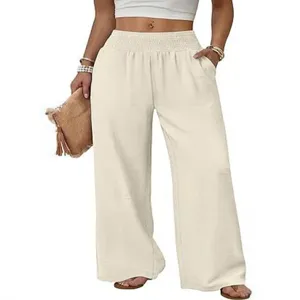 Women's high-waist wide-leg casual pants solid color loose trousers with pockets for daily wear