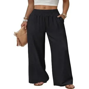 Women high waist wide leg pants casual loose trousers with pockets black summer fashion wear