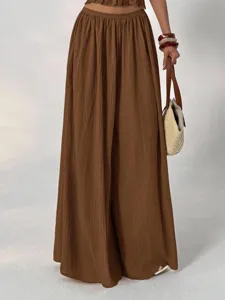 Detail view of brown pleated high waist wide leg pants set for women stylish casual wear