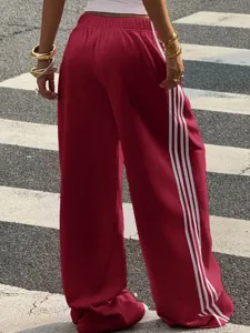 Women autumn casual wide leg track pants with side stripes loose knitted sweatpants streetwear