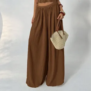 French style pleated wide leg pants for women, high waist elastic casual trousers in brown color.