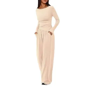 Women casual two piece lounge set asymmetrical long sleeve top and wide leg pants outfit